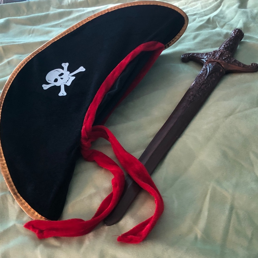 Adult pirate hat/skull/crossbones/red velour tie attached/ gold edging/sword